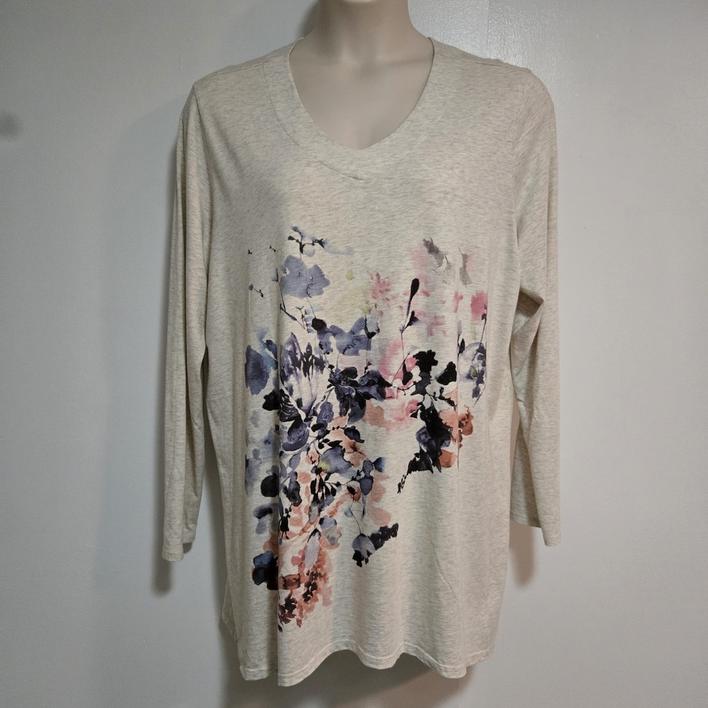 J. Jill 2X Beige 100% Cotton Beige Painted Floral Print V-neck Long Sleeve Tunic